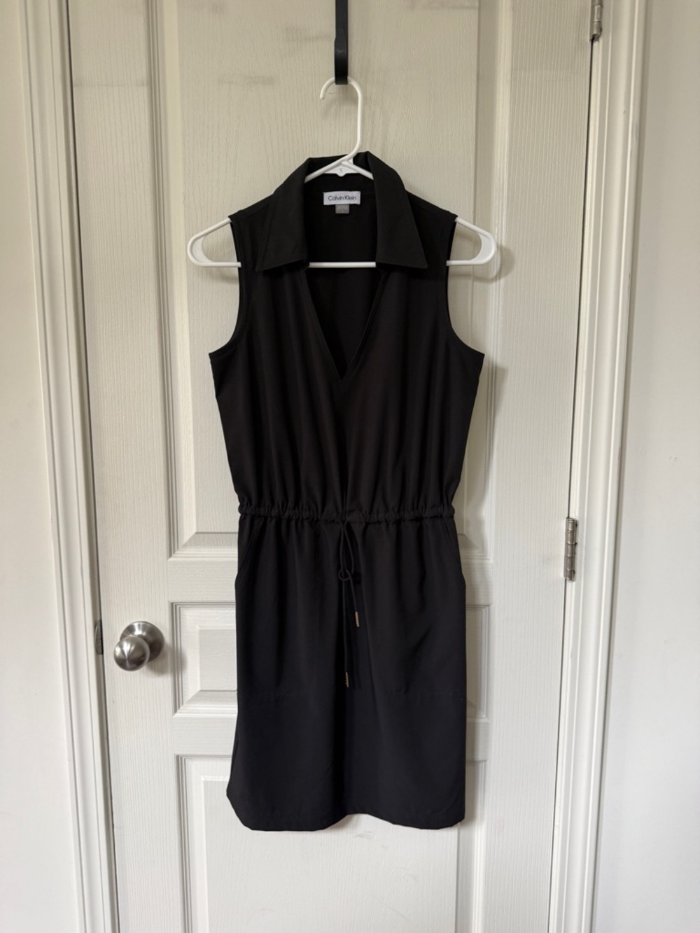 Calvin Klein Black Sleeveless Collared Drawstring Waist Dress